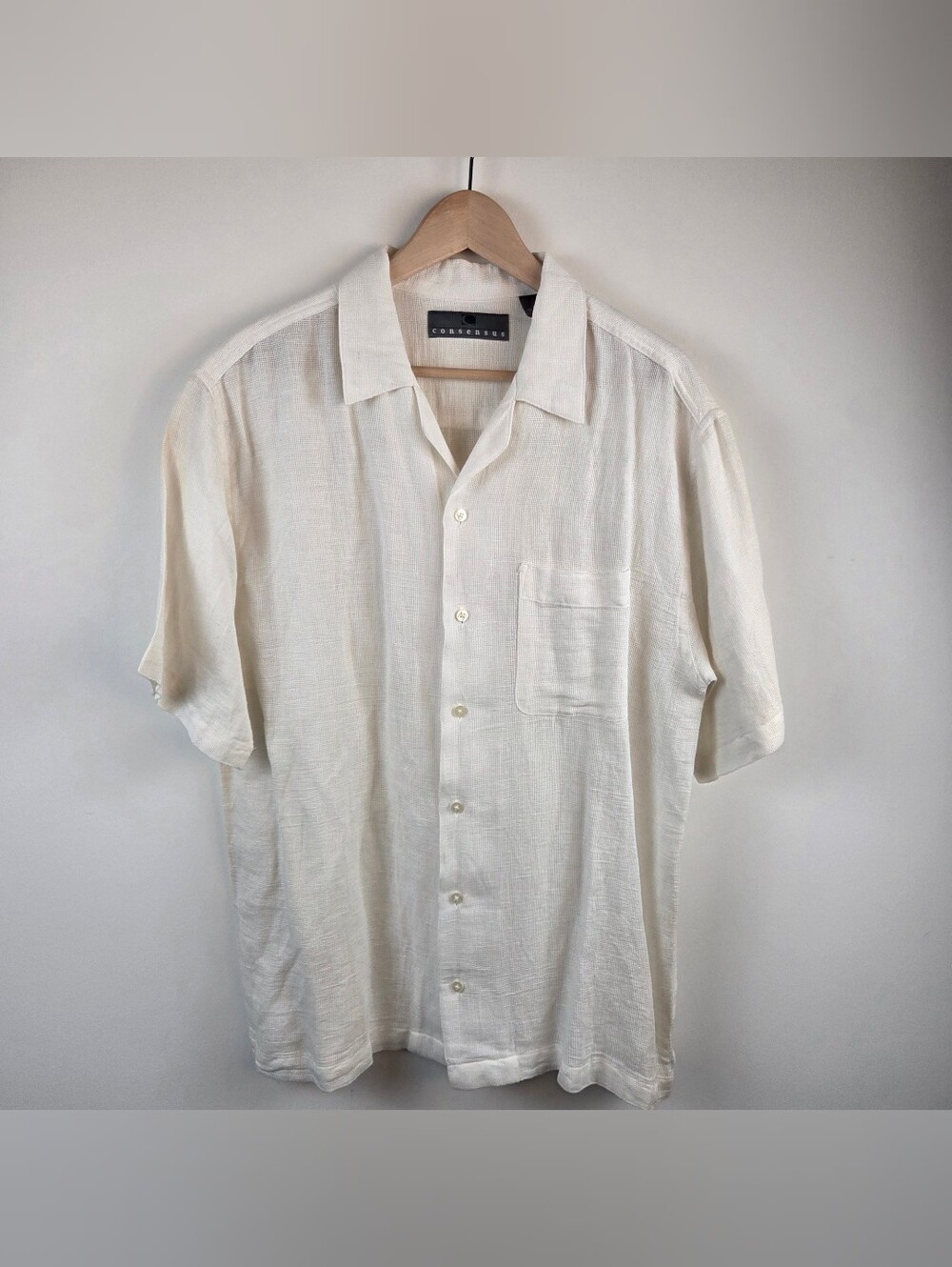 Consensus Gauze Shirt Mens Medium Cream Short Sleeve Button Up Linen Blend